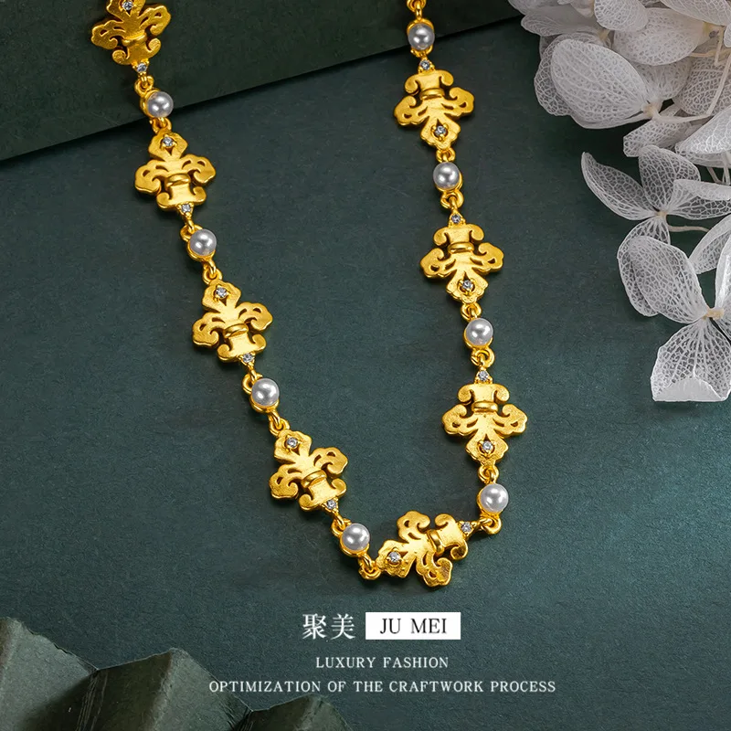 Light luxury 24K real gold Moissanite point diamond pearl necklace au9999 gold court style versatile high-end accessories