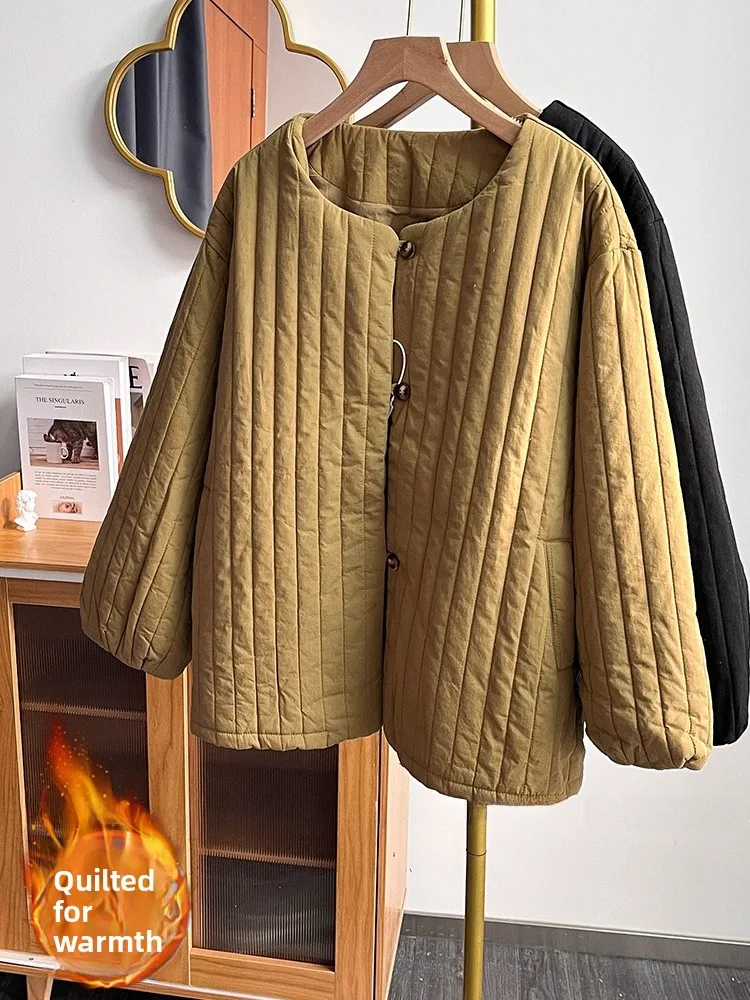 

Retro Loose Fit Casual Cotton Jaet Women's Warm Stuffed Coat Button up Long Sve round Ne Thiened Winter Outerwear