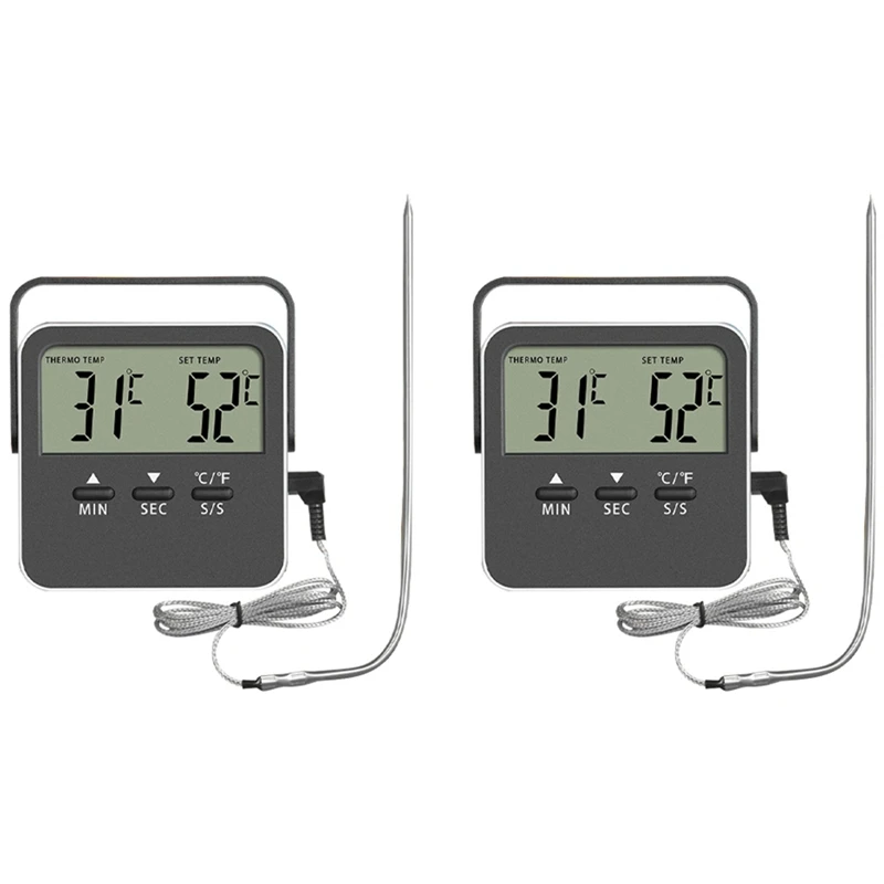 Digital Food Thermometer Cooking Temperature Alarm Cooking Timer With LED Display Stainless Steel Probe