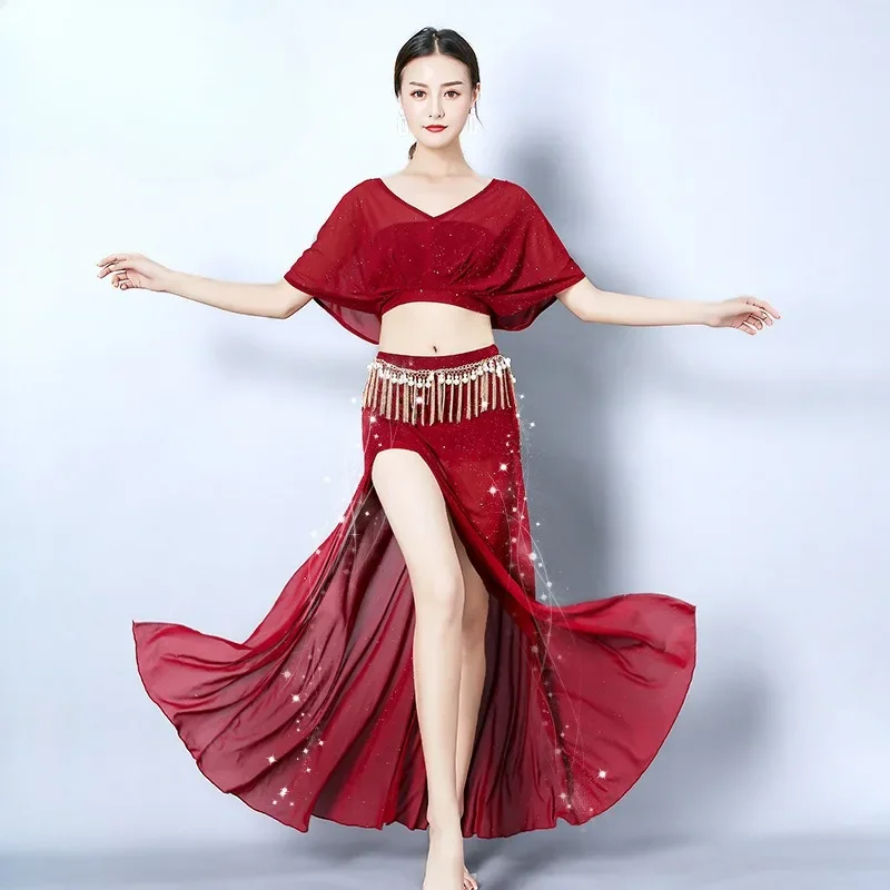 

Summer Sexy Belly Dance Skirt 2024 New Practice Clothes Set Large Size Modern Dance Stage Performance Mesh Dress Exotic