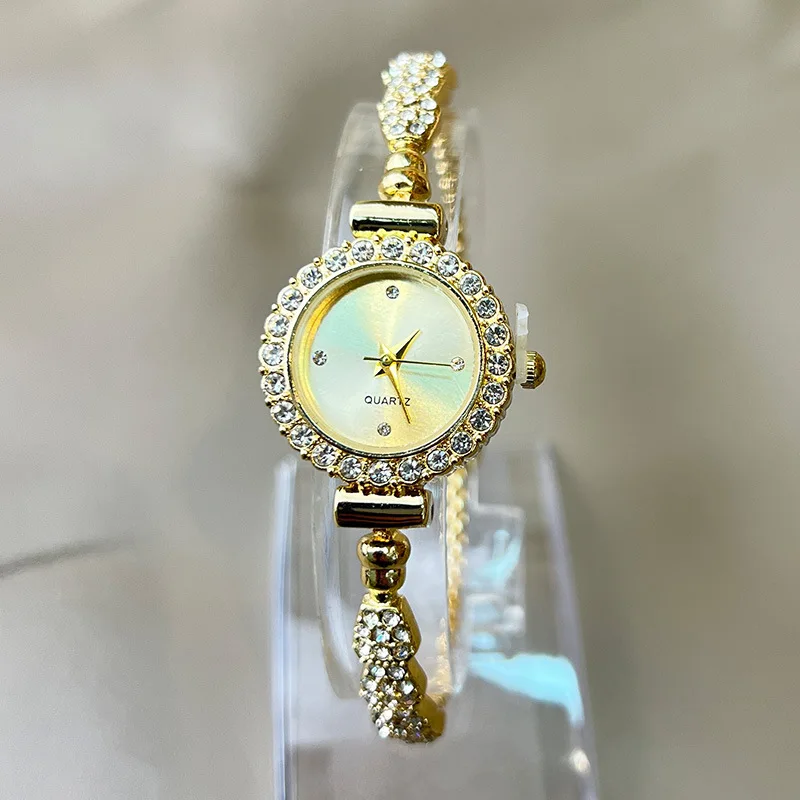 

Роскошные женские часы из розового золота, сияющий ободок с кристаллами и бриллиантами, изящный браслет-цепочка, элегантные кварцевые наручные часы для женщин.