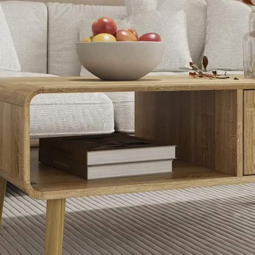 Coffee Table with Drawer & Open Shelf, Central Table Living Room Table with Solid Wood Legs, Rattan Drawer Surface