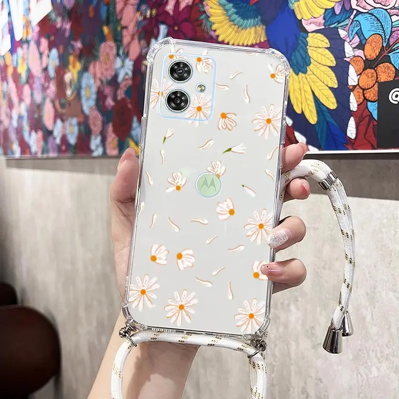 G54 Fresh Flower Transparent Crossbody Lanyard Phone Case For Motorola Moto G54 G53 G52 G42 G34 G32 G24 G14 G13 G9Play G8 Cover