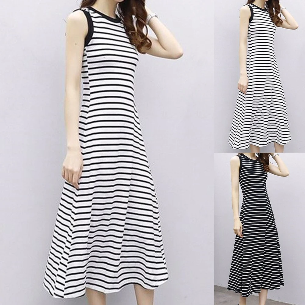 여름 스트라이프 스트랩 롱 캐미솔 베스트 드레스 여성 루즈 캐주얼 티셔츠 무릎 길이 비치 휴가 비치 롱 A라인 스커트