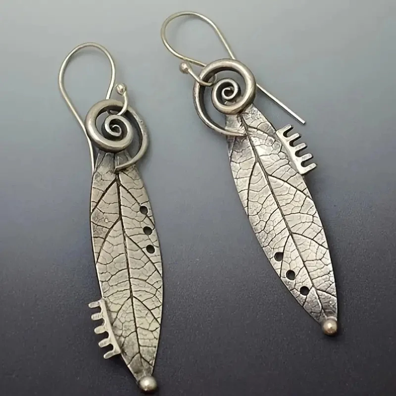 Vintage Leaf Spiral Pattern Dangle Earrings Retro Bohemian Style Silver Color Jewelry Tourism Souvenir