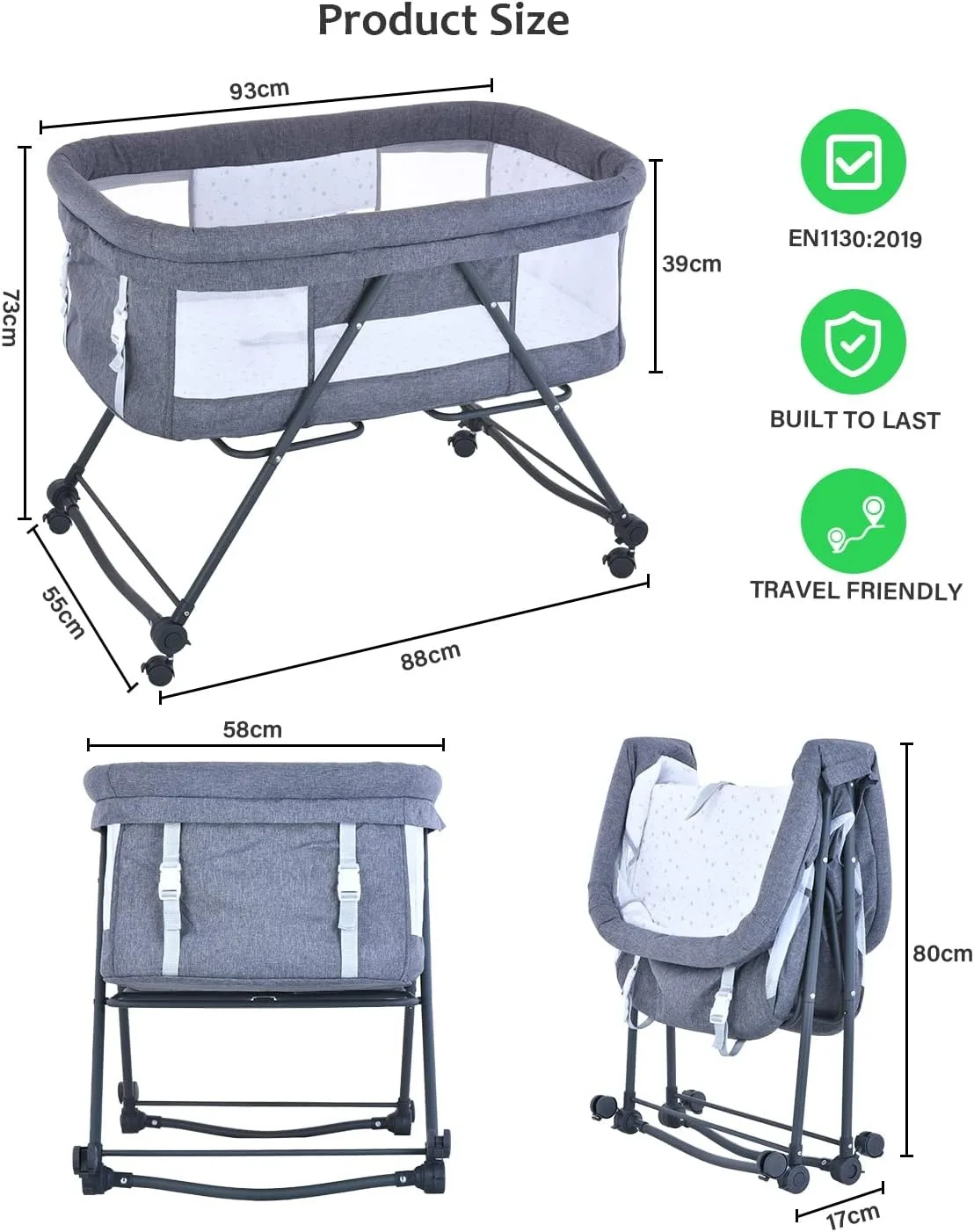 4-in-1 Konvertierbares Baby-Reisebett – Schaukelndes Beistellbett mit Geräuschlosen Rädern, Faltbares Design, Ideal für Neugeborene bis Kleinkinder – Detail 5