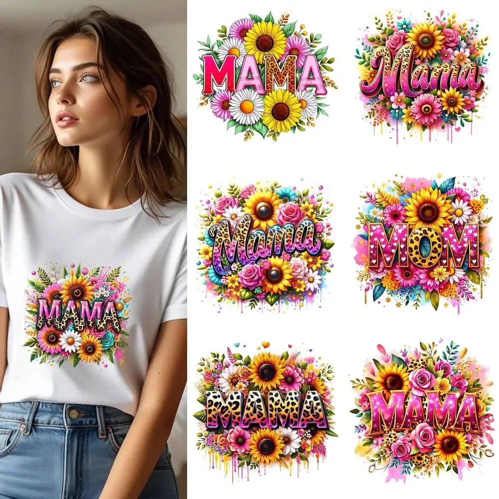 25CM Sunflower Rose Floral Mama Letter Heat Transfer Patches For Clothes DIY A-Level Washable Shirt Iron-on Thermal Stickers