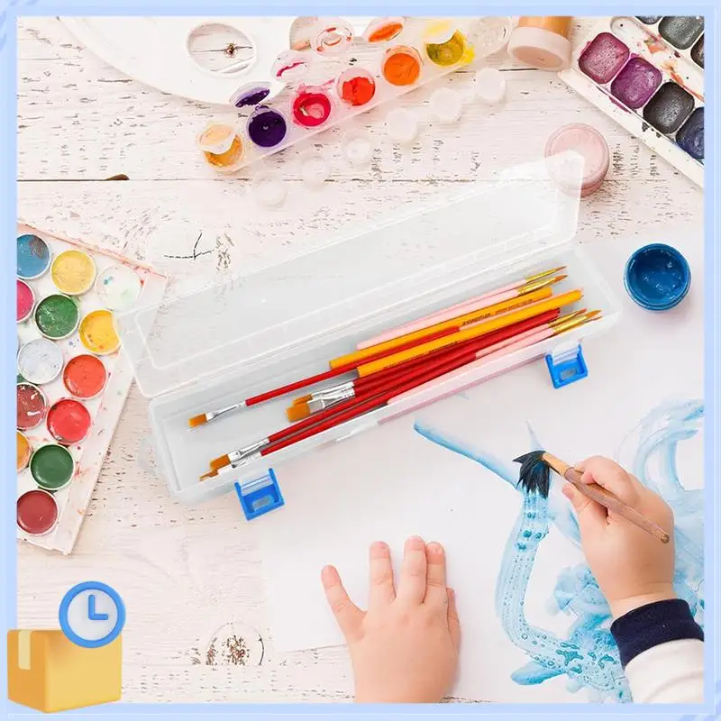 Popular 6Pcs Plastic Paint Brush Storage Box,13 Inch Clear Paint Brush Holder Drawing Pen Container With Buckle Plastic Paint