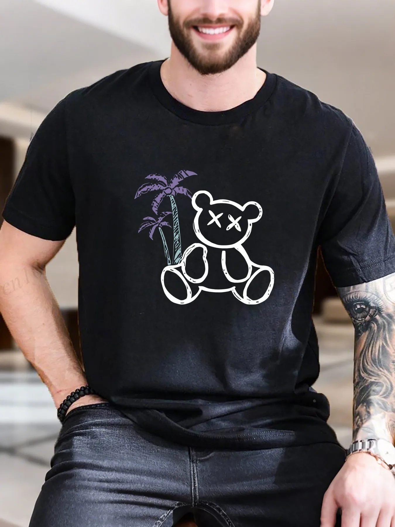 

New Arrival Fashion Men's Printed Short Sleeve T-Shirt Soft Cotton Casual Tee with Adorable Potted Plant Design Breathable