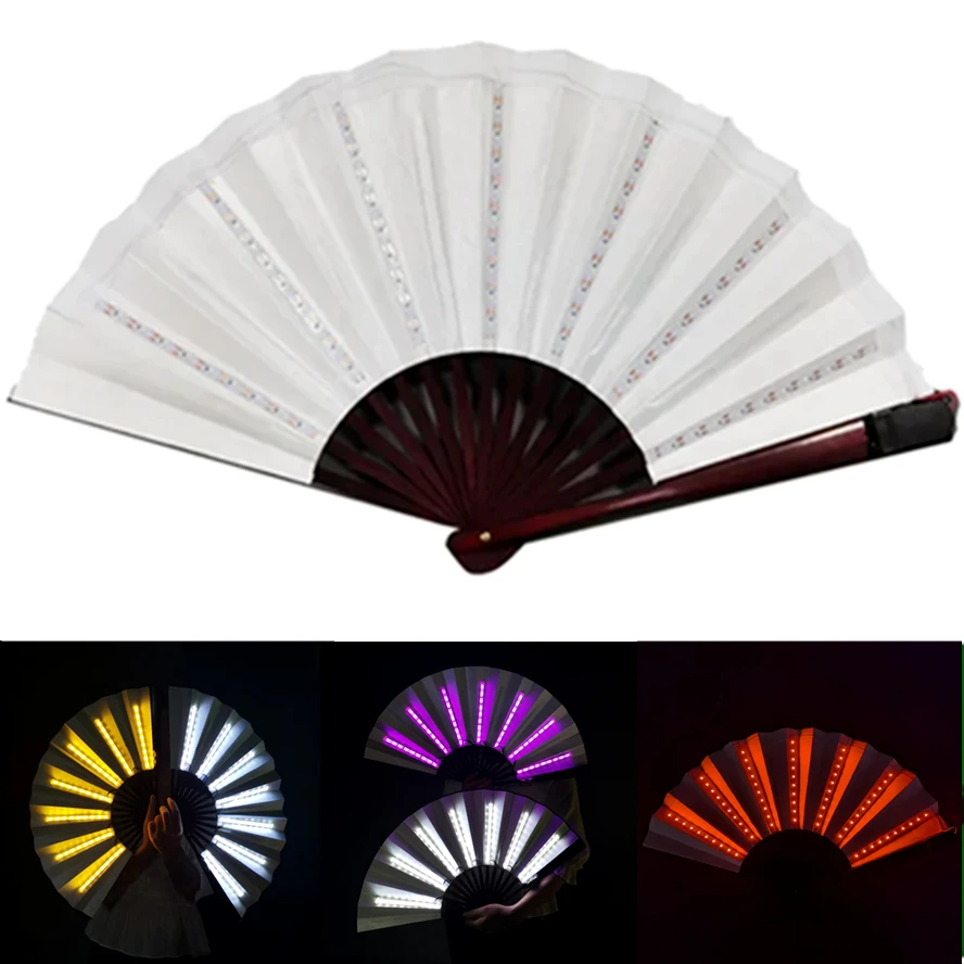 Led Light Glowing Fluorescent Fan with Battery Foldable Hand Fan for Night Performance Dance  Dj Bar Club Party Decoratio