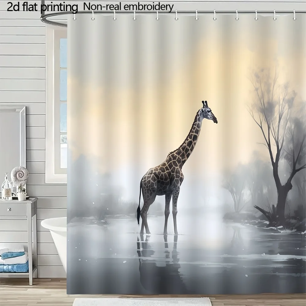 

Занавеска для душа с цифровым изображением жирафа на туманном озере, 12 крючков, для ванной комнаты, домашнего декора, полиэстер, 2D плоская печать, 70,8x70,8 дюймов