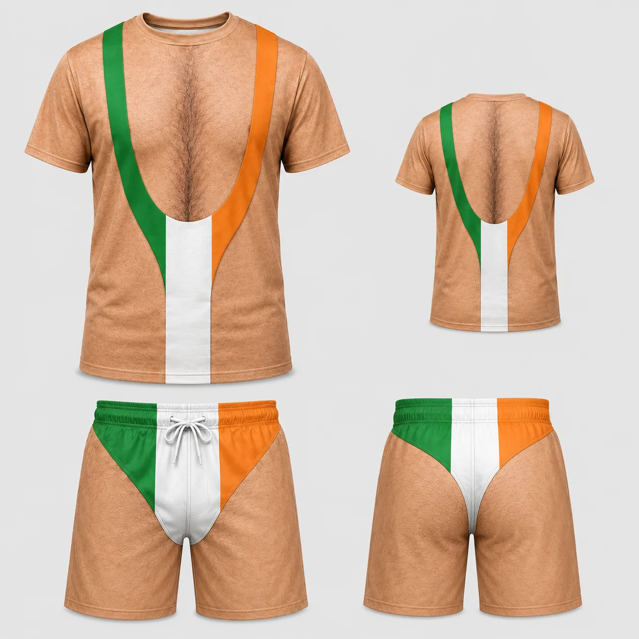 Mens Funny Irish Flag Suspender Print T Shirt and Shorts Set Novelty Crew Neck Outfit for Beach Parties and Summer Holidays Wear view 3
