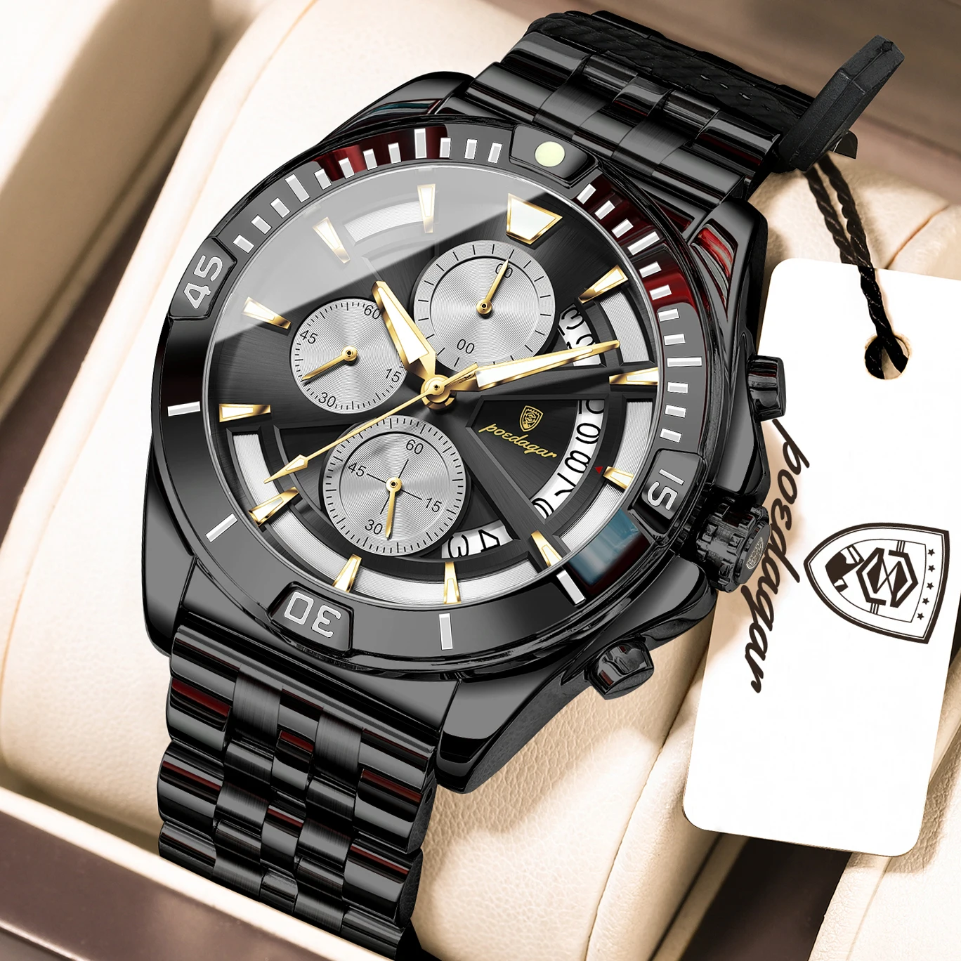 

POEDAGAR Original Men Clock Waterproof Luminous Stainless Steel Quartz Male Watch Chronograph Date Military Men's Watches Reloj