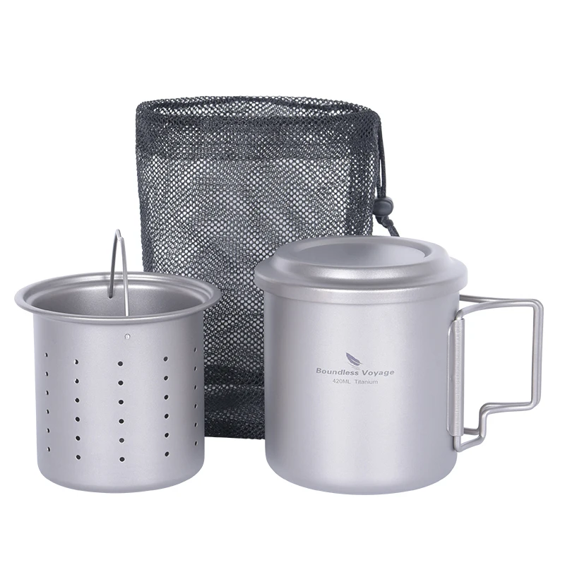 Boundless Voyage Titanium Tea Cup Outdoor Travel Camping Tableware with Strainer Lid And Folding Handle Coffee Mug