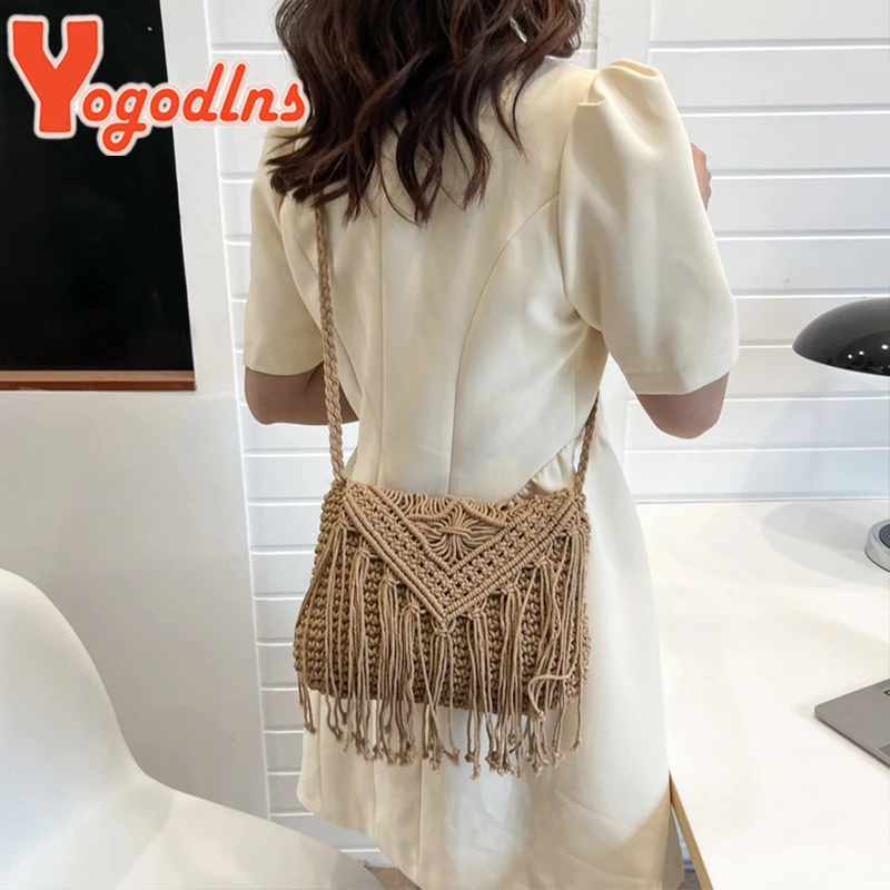 SummerTassel Straw Bag Women Handmade Woven Shoulder Bag Summer Kintted Beach Bag Vacation Lady Shoulder Bag Phone Bag