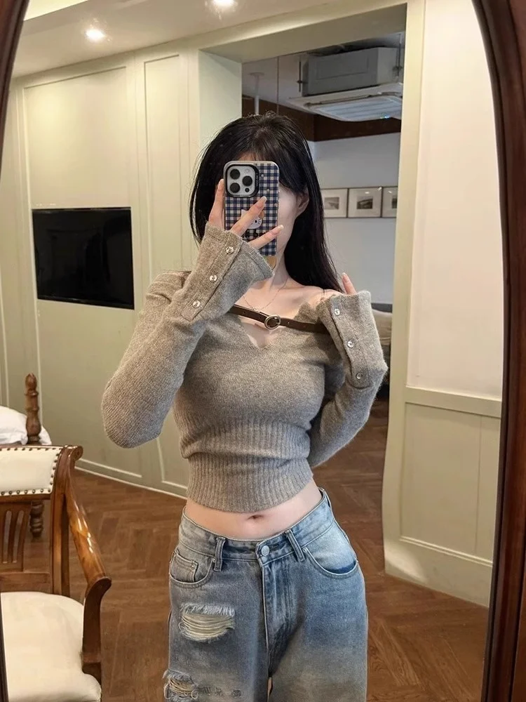 Sexy American Girl Shoulder Bared Knitted Sweater Women's Autumn Winter Short Style Vintage Lazy Fashion Knitwear Top