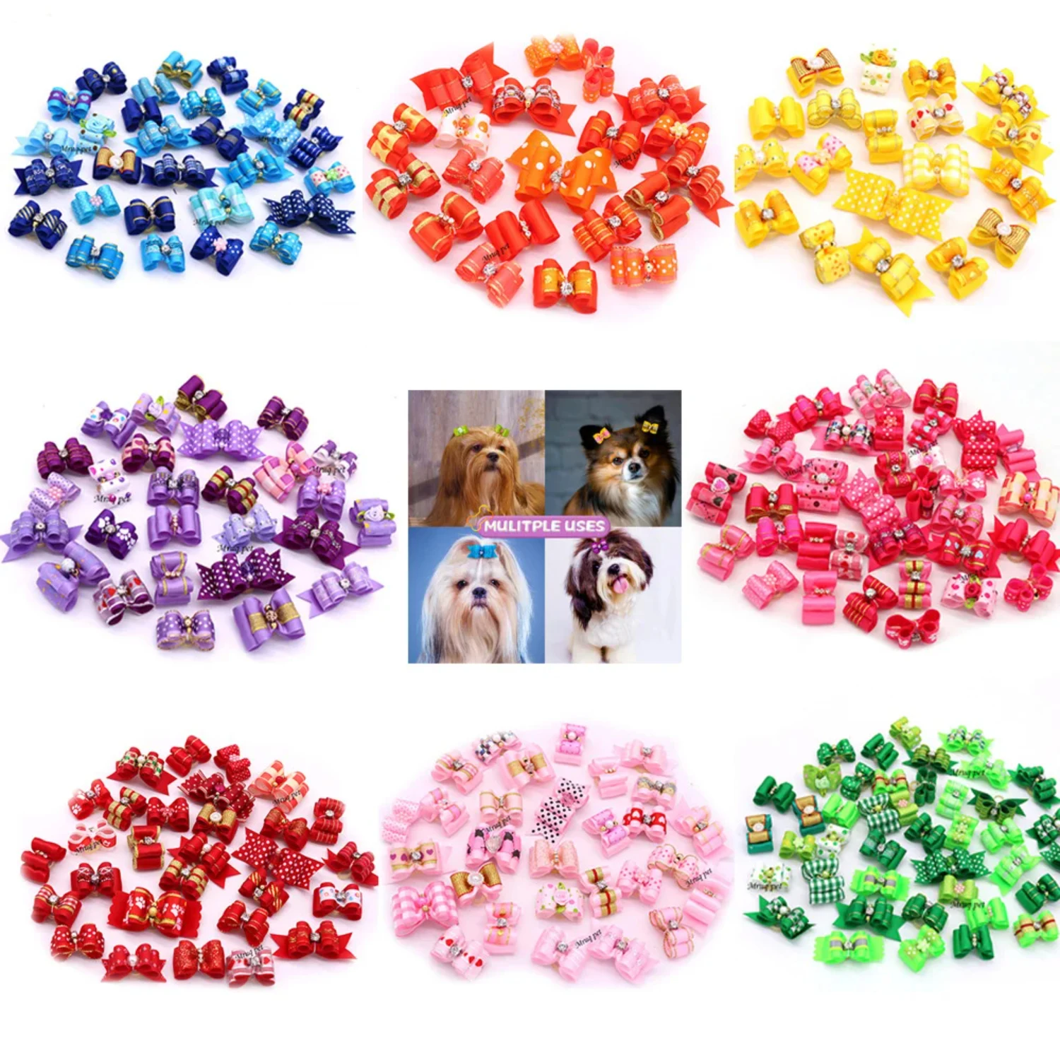 

Premium Quality Elegant Set of 20 Adorable, Cute, and Lovely Pet Dog Hair Bows with Rhinestone Flowers - Ribbon Bows for Dog Hai