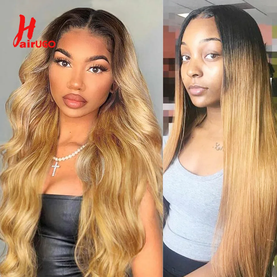 HairUGo T1B/27 Omber Blonde Body Wave Bundles Brazilian Human Hair Weaving Remy Hair Bundles Colored Human Hair Weave Dyed Roots