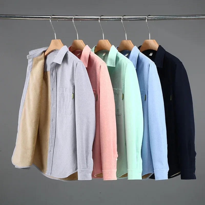 

Японская простая мужская зимняя рубашка, повседневная сохраняющая тепло, мужская однотонная флисовая рубашка с лацканами и карманами, облегающая утолщенная рубашка