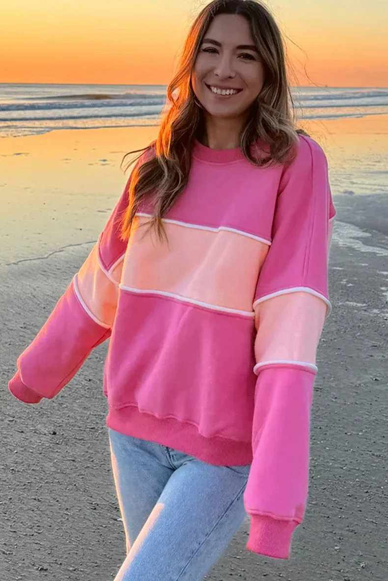 2024 Autumn New Color Matching Long-sleeve Tops For Women American Casual Loose Casual Drop Shoulder Sweatshirts For Women Shirt