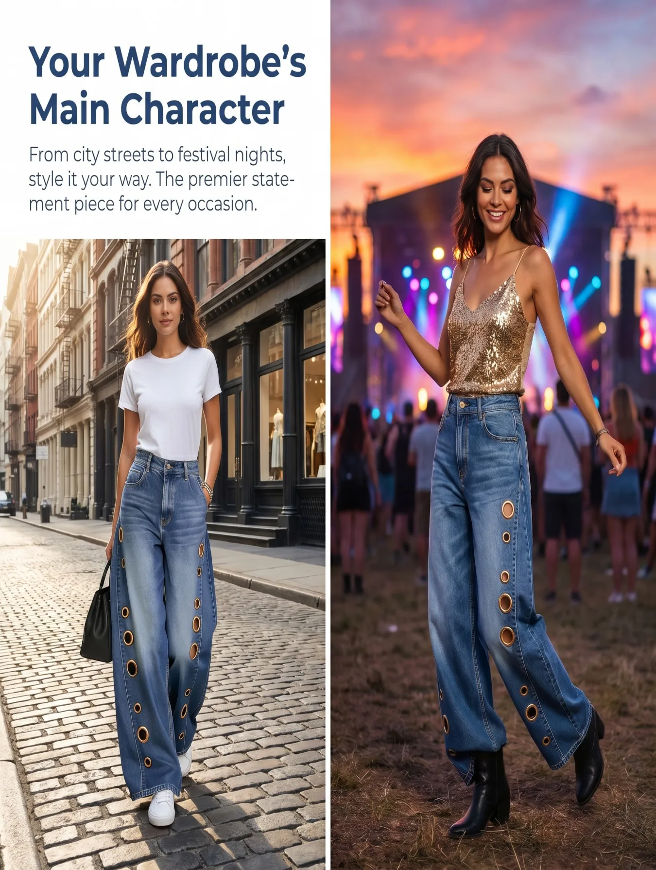 Women High Waist Wide Leg Jeans, Side Metal Eyelet Cutout Flared Denim Pants, Casual Loose Bell Bottom Trousers
