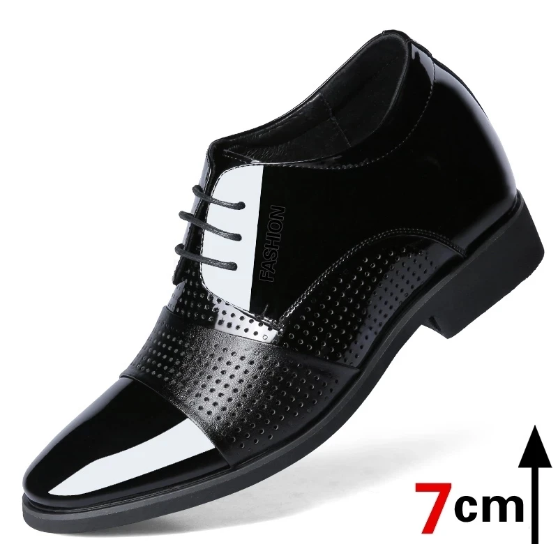 

Man Flat /Height Increase 5/7CM Hollow Summer /Winter Men Dress Shoes Patent Leather Office Formal Shoes Male Derby Shoes