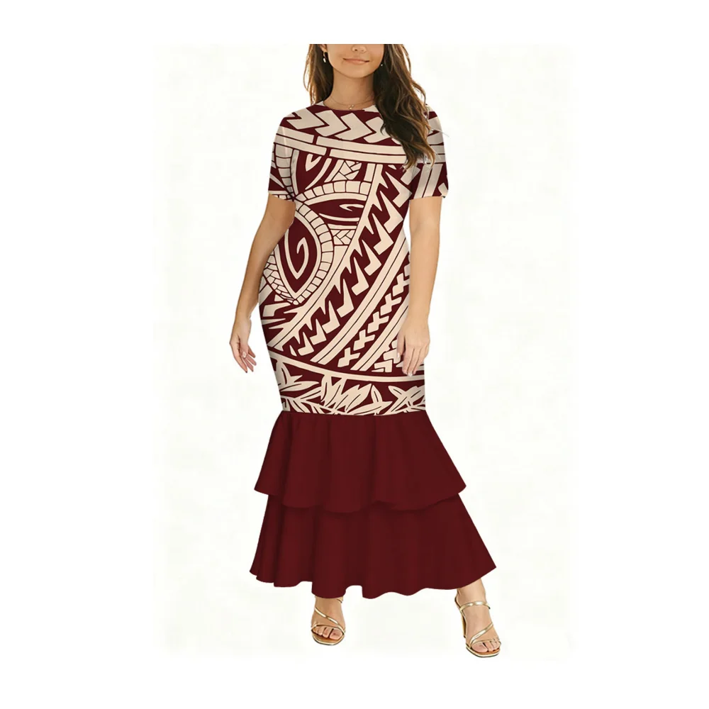 فستان ذيل السمكة برقبة دائرية وأكمام قصيرة مناسب للنساء فستان حفلات عالي الجودة مصنوع حسب الطلب من بولينيزيا