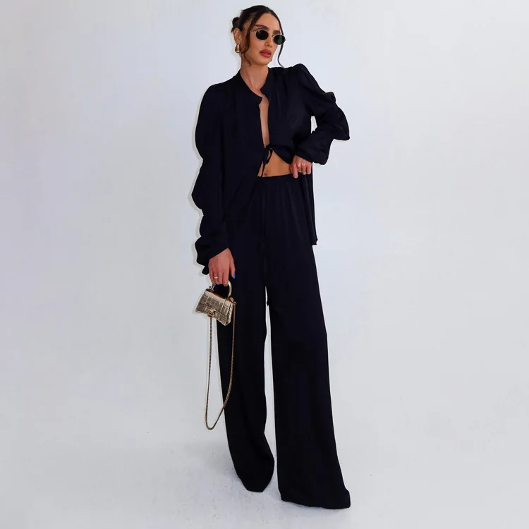 Fashion Long Sleeve Lace-Up Shirt With High Waist Wide Pants Set Female Autumn Sexy Loose White Womens 2 Piece Outfit Set