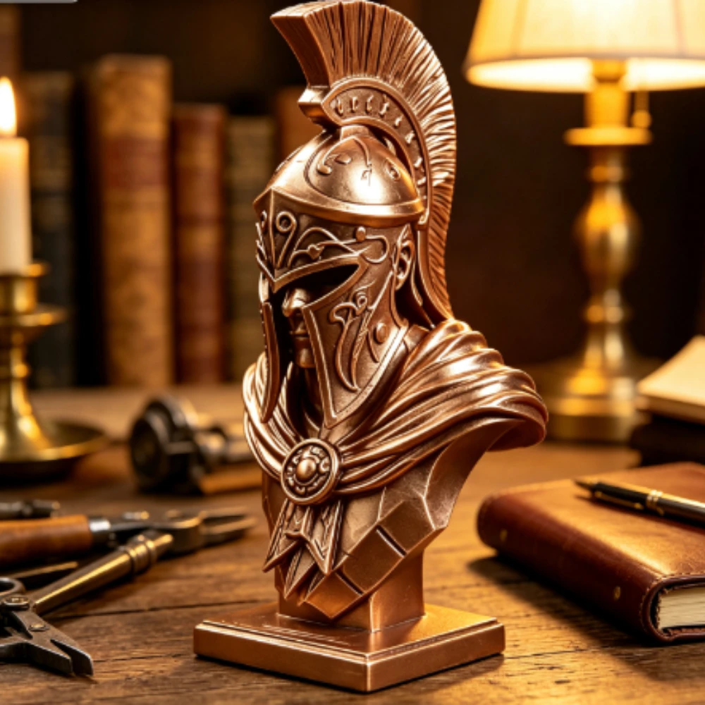 Vintage Spartan Warrior Bust Statue 3D Printed  Ancient Greek Brave Helmet Soldier Sculpture Figurine for Office Desk Home Decor