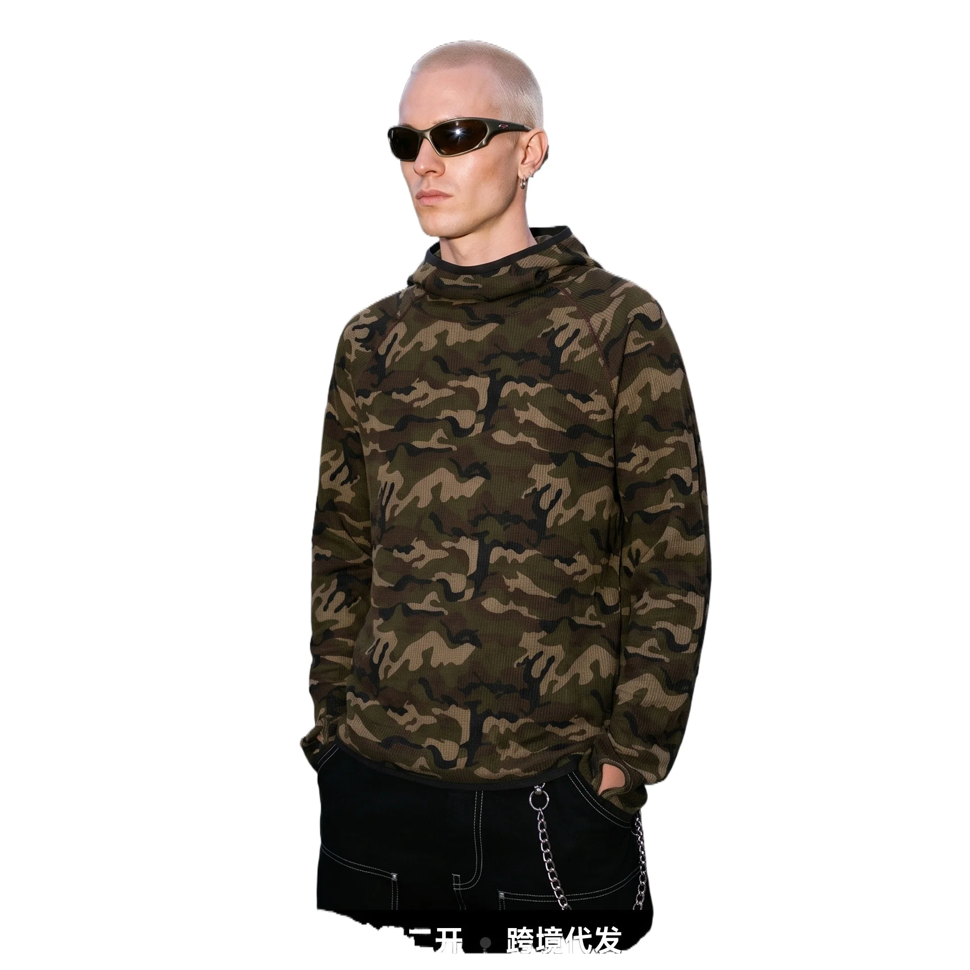 Street Style Waffle Knit Camouflage Hooded Sweatshirt 2026 Fresh Item American Windproof Hoodie Long‑Sleeve Army Green Outdoor