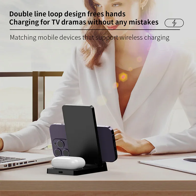 Dual-Coil 2-in-1 Faltbares Kabelloses Ladegerät Telefonhalter für iPhone 17 16 15 14 13 12 Xiaomi Airpods 2 Pro4/3 Schnellladeständer – Detail 5