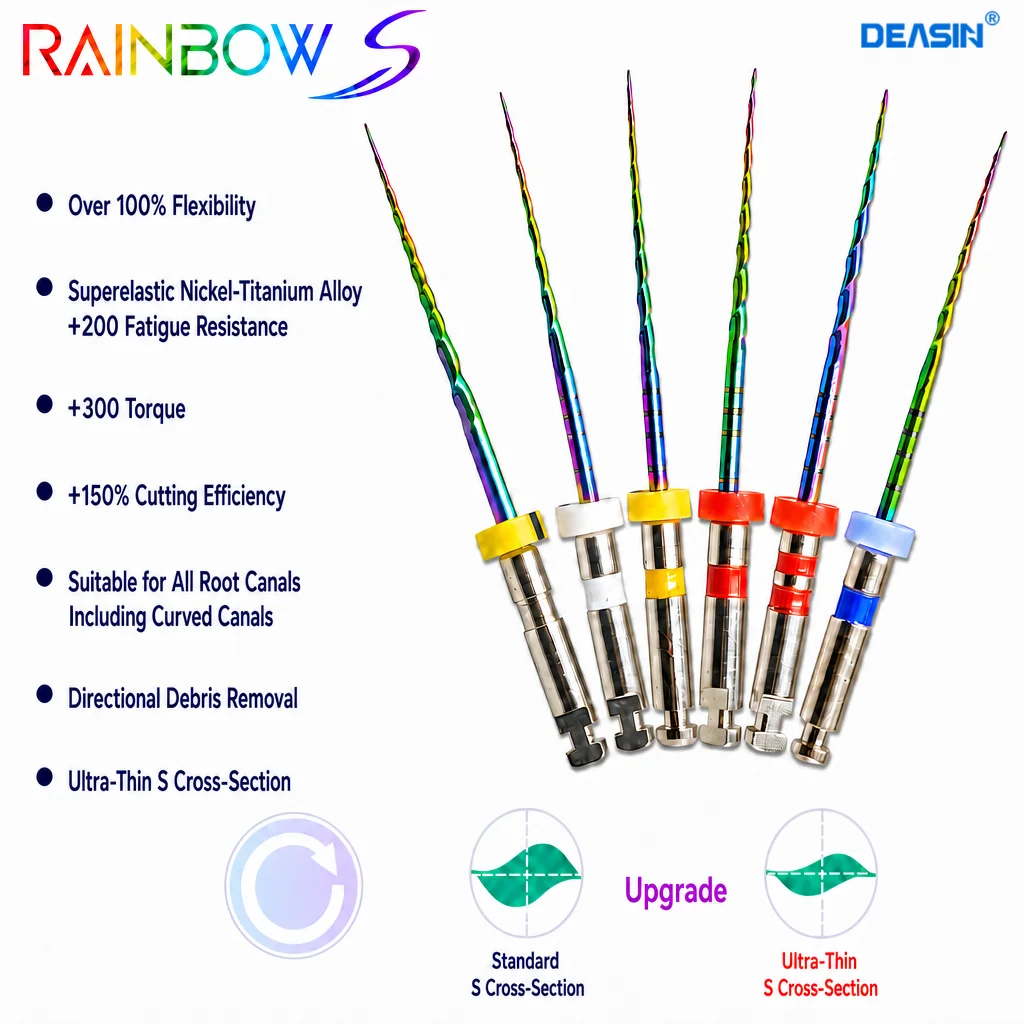 Dental Rainbow Rotierende Feilen S-Section DLC-beschichtetes NiTi mit 1,5 % Bruchrate für sicherere endodontische Behandlung mit Motor
