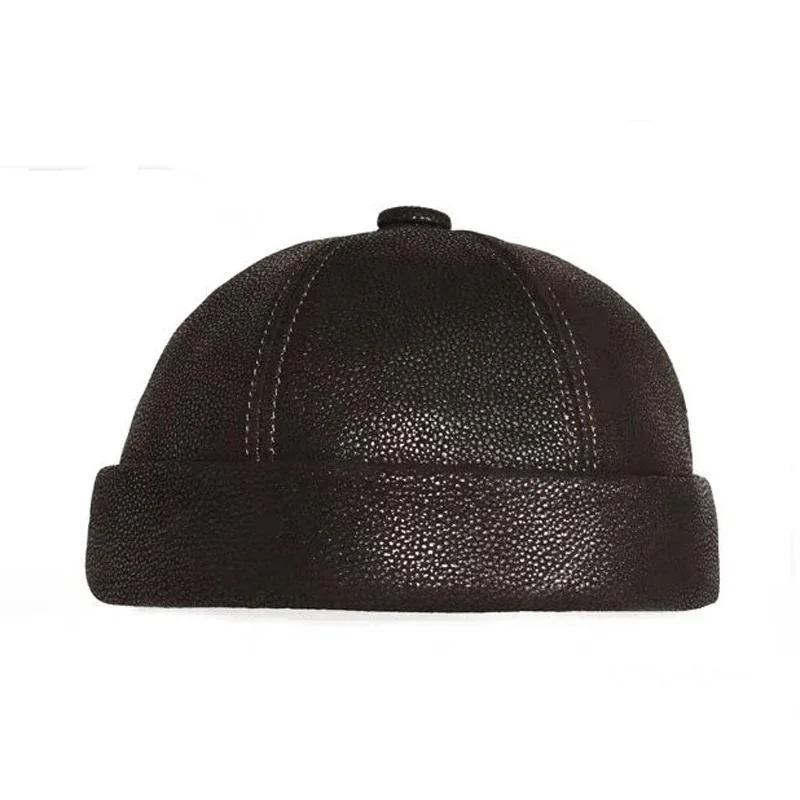 Retro Real Leather Hat Chinese style Hat Sheepskin Cap Brimless Hat Warm Round Male Caps Fashion Winter And Autumn Luxury Hats