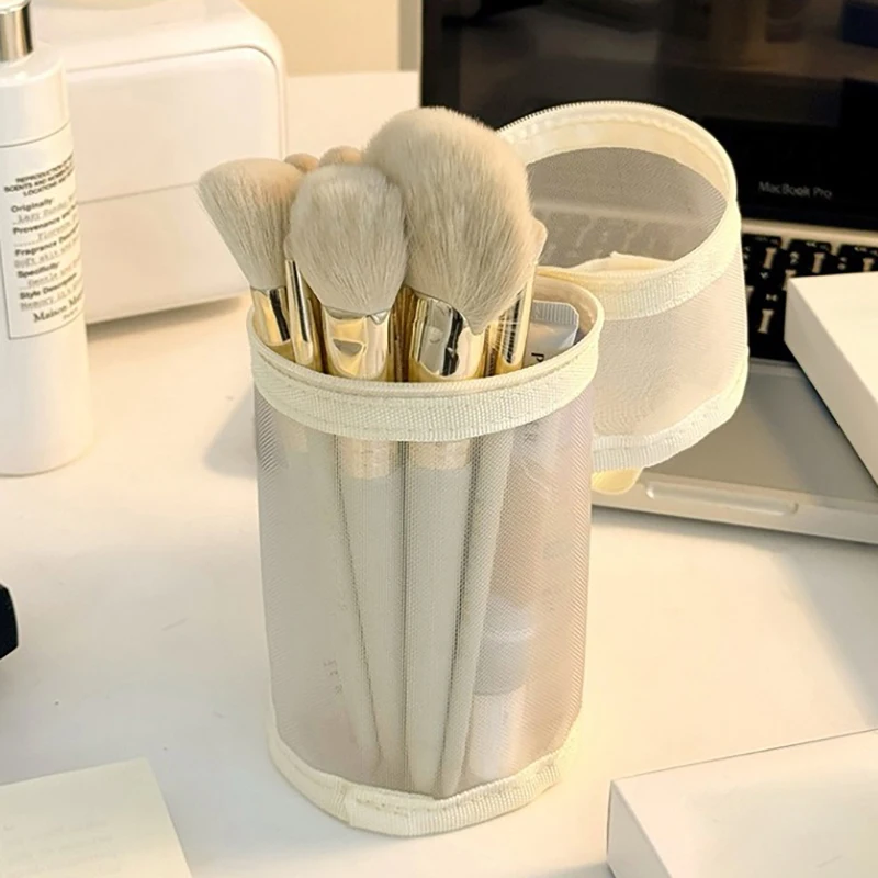 Mesh Dual-use Makeup Brush Storage Bag Portable Brush Case Simple Large Capacity Brush Bucket Holder Travel Stand-up Pouch