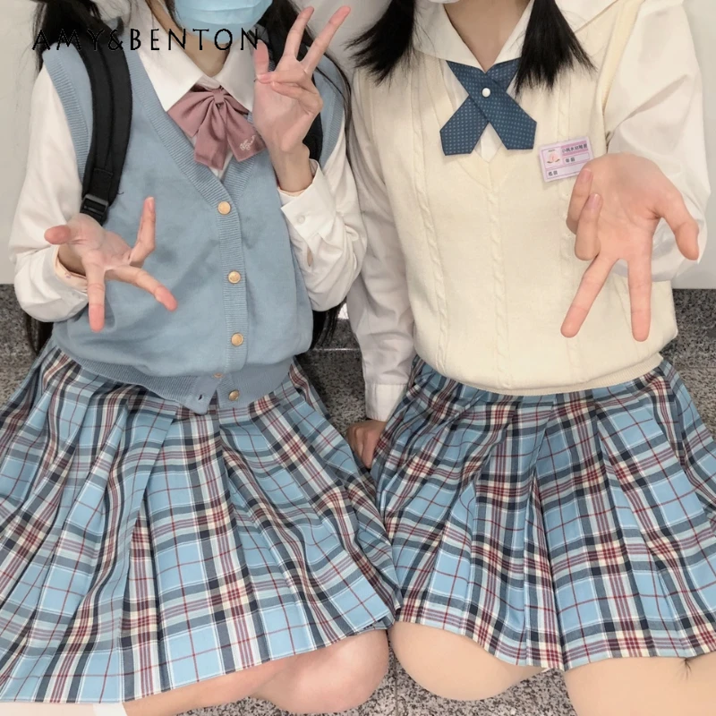 

Japanese Jk Uniform Summer Blue Red Color Matching A Line Slim Fit Thin Waist Fashion Versatile Short Plaid Pleated Skirt Girls