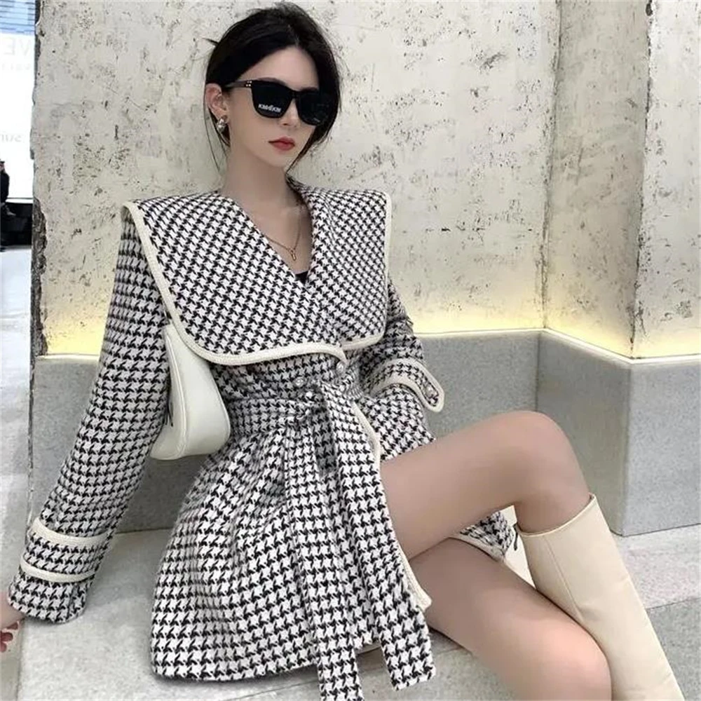 

Suit Belt Thick Outerwear Jacket Warm Autumn Winter Blazer Woolen Coat Women Elegant Double Breasted Houndstooth Thick Ol Jacket