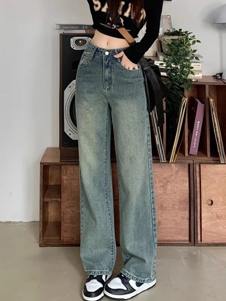 

High Waist Straight Denim Pants Women New Arrival 2023 Autumn Korean Style Vintage Solid Color Basics Female Casual Jeans T107