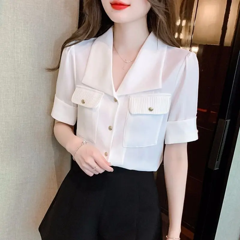 Fashion Lapel Short Sleeve Chiffon Blouses Women\'s Summer 2024 New Commuter Solid Color Spliced Pockets Single-breasted Shirts