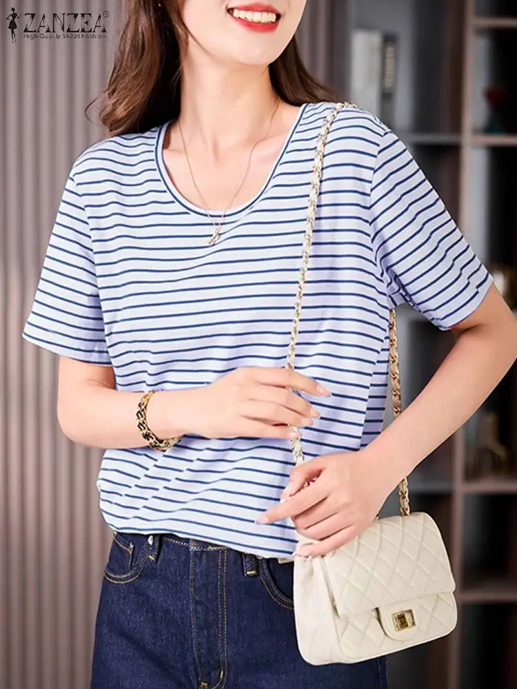 ZANZEA Summer Harajuku Women Stripes Blouse Korean Casual Short Sleeve Tops 2024 Fashion Round Neck Tunic Daily Blusas Oversized