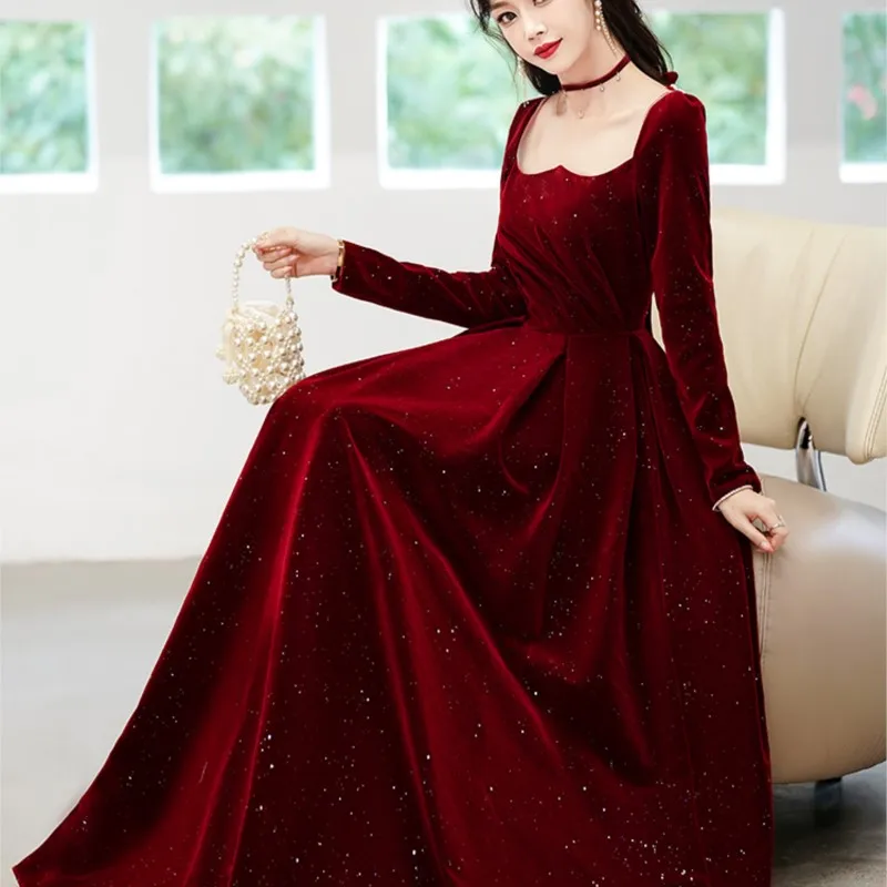 Toasting wine red long sleeve velvet back atmospheric dress