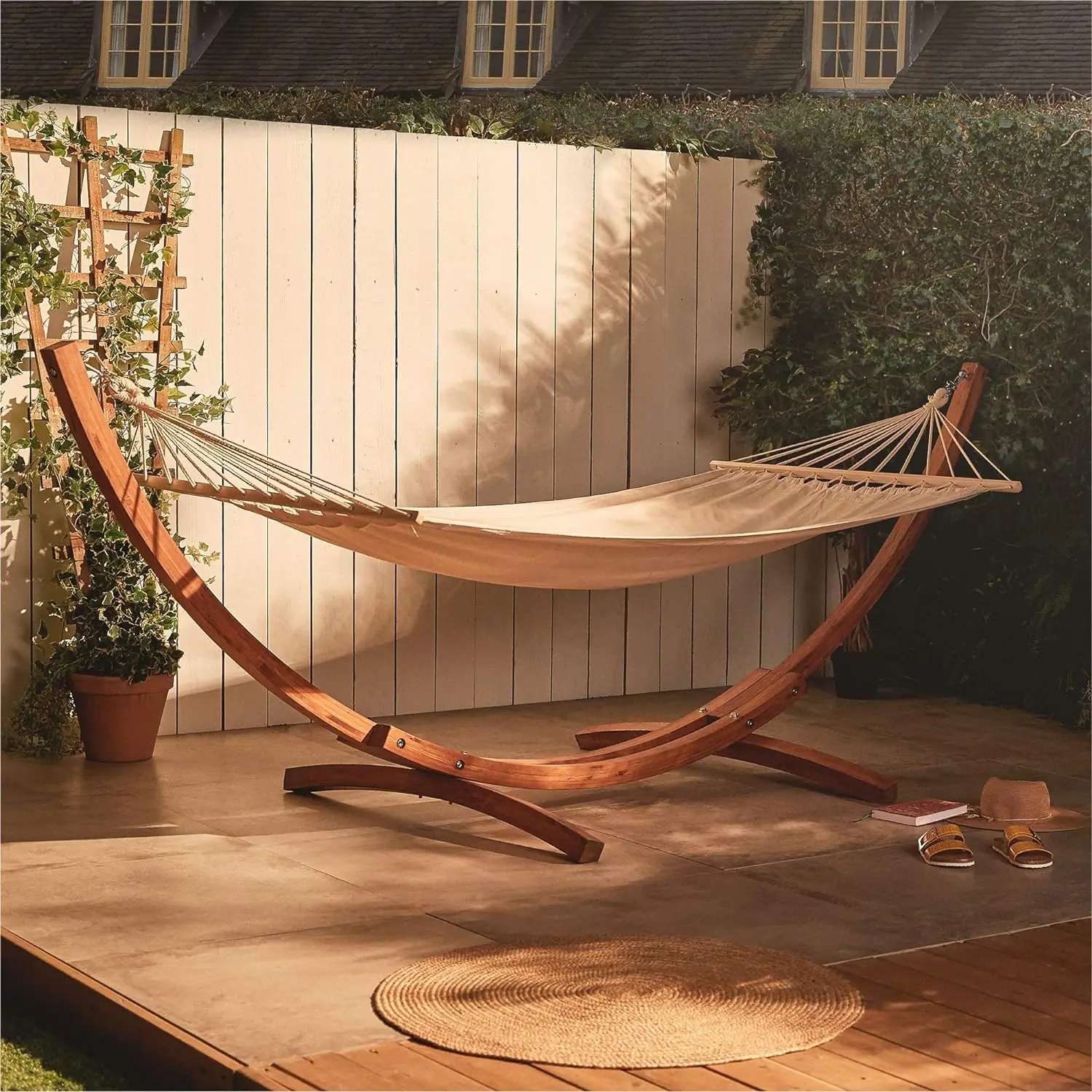 Natural Larch Wood Stand Outdoor 1-Person Curved Hammock Heavy-Duty Durable Freestanding Wooden Frame Garden Garden Buildings