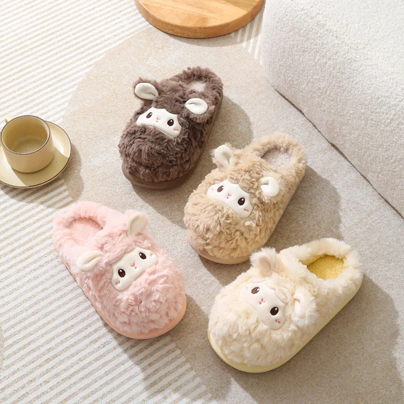 Ladies Indoor Furry Slippers Cartoon Animals Girls Warm Plush Home Slippers Soft Sole Non-slip Women Floor Shoes Flip Flops