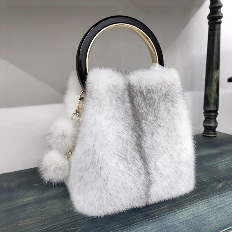 Bolsa de luxo Real Mink Fur para mulheres, moda coreana, iniciadas senhoras, bolsa designer na moda, sacos azuis para meninas, novos