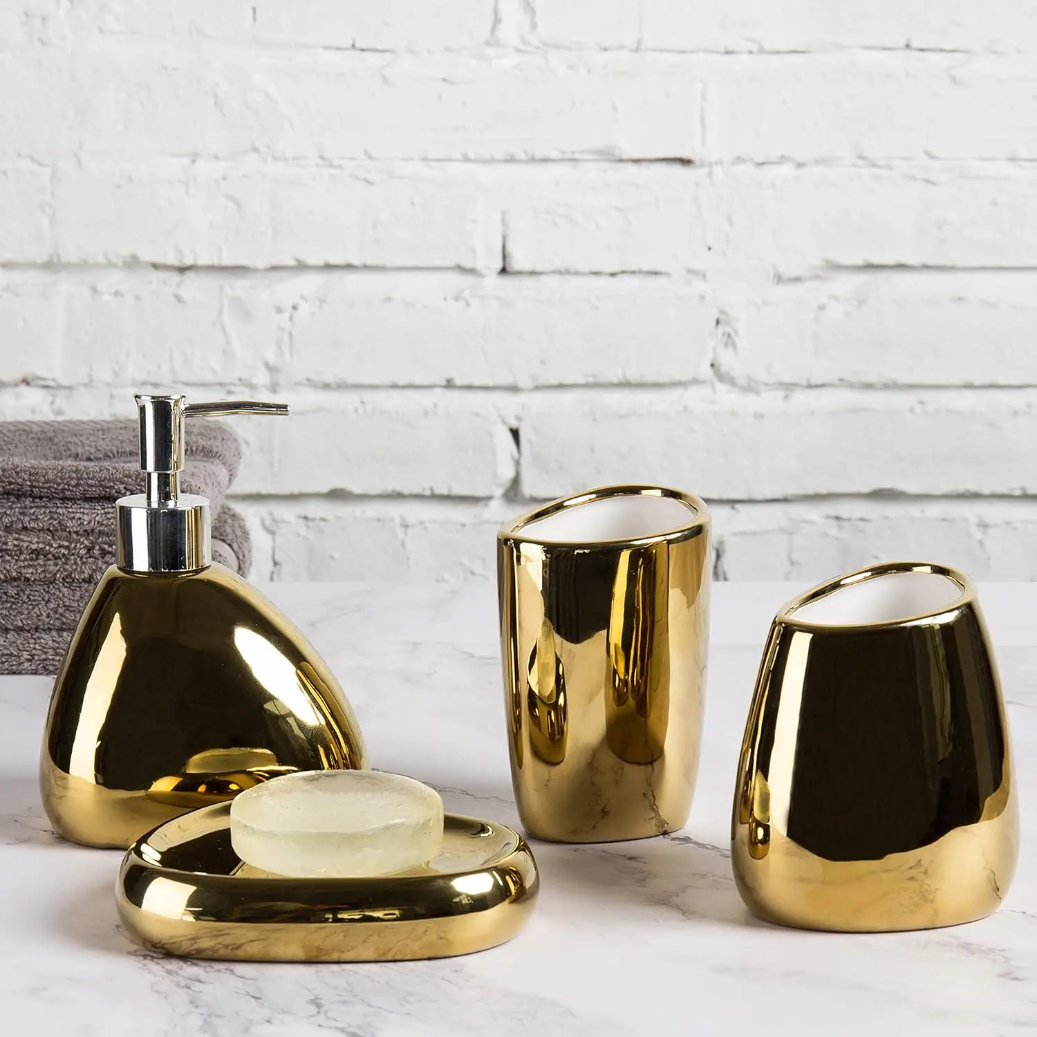 

4 Pc Complete Set Modern Ceramic Gold Bathroom Accessories Set with Soap Dispenser, Tumbler, Toothbrush Holder and Soap D