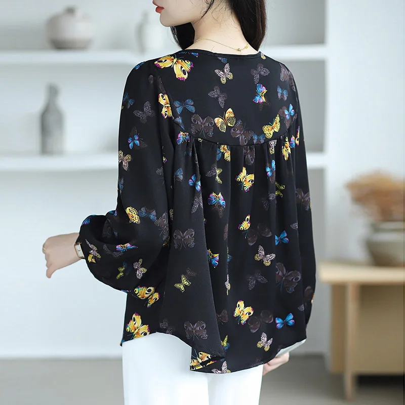 Women Clothing O-neck Long Sleeve Chiffon Shirt Autumn Casual Loose Butterfly Print Blouses Office Lady Elegant All-match Tops