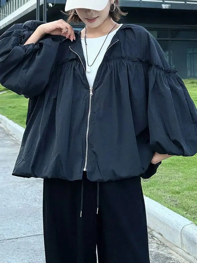 

Black Pleatd Big Size Casual Bud Jacket New Round Neck Long Sleeve Women Coat Fashion Tide Spring Autumn