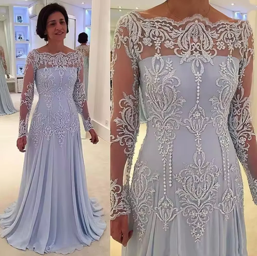 Plus Size Kleider für die Brautmutter, A-Linie, lange Ärmel, Chiffon, Spitze, Perlen, lange Kleider für die Brautmutter für Hochzeiten