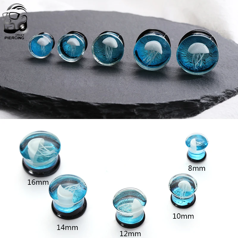 2pcs Color Ocean Jellyfish Glass Ear Plugs and Tunnel Dual Horn Earbuds Tunnel Extender Stretch Expander Earring Piercing Oreja