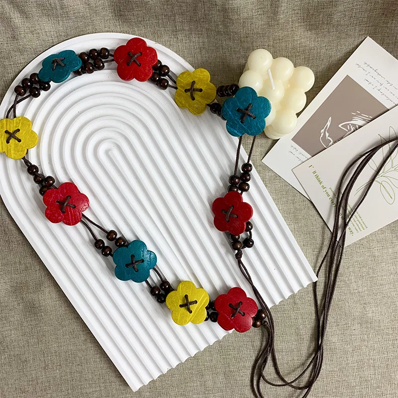 WW ethnic style handmade wax rope woven belt wooden bead decoration simple versatile dress thin waist chain
