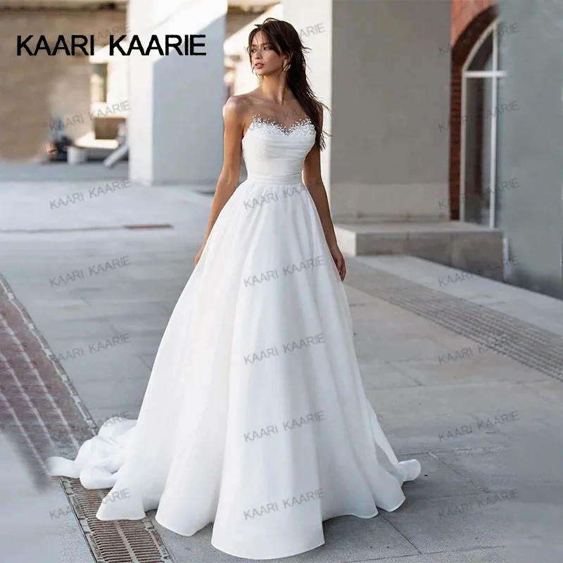 KAARI KAARIE Wedding Dress Satin Pearls A-Line Chic Sweetheart Bride Gown 2024 Court Train Princess